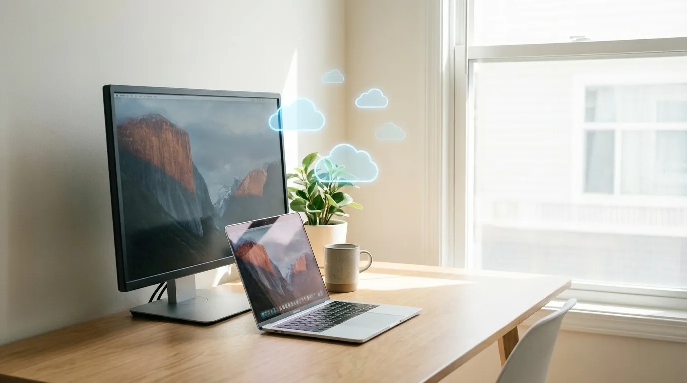 Modernes Home‑Office‑Setup mit Laptop und Microsoft‑365‑Umgebung
