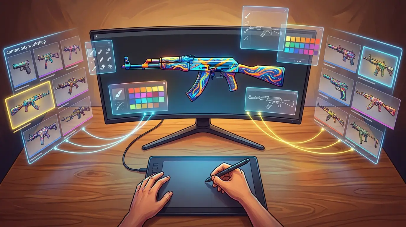 Beginner creating a Counter-Strike weapon skin on a monitor