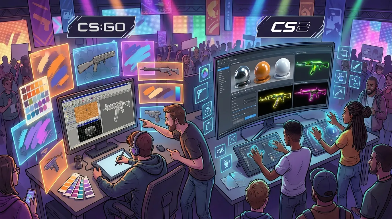 Digital artwork showing side-by-side weapon skin design workflows for CS2 and CS:GO, with colorful material layers, lighting previews, and modern UI panels, vibrant modern painting style, no text