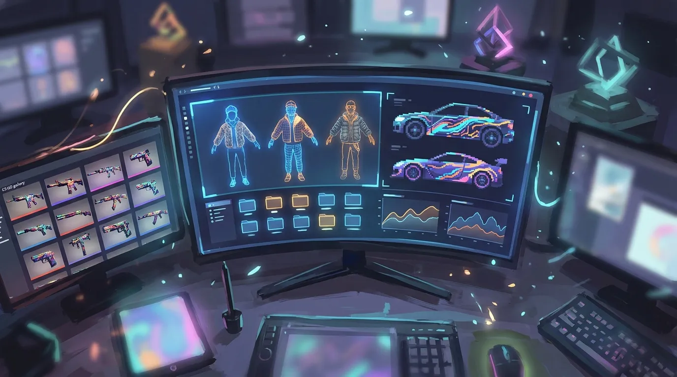 GTA V multiplayer customization workspace with character outfits, vehicle liveries, texture layers, and modular asset folders in a vibrant digital painting style, neon blues and oranges, modern brushwork, no text