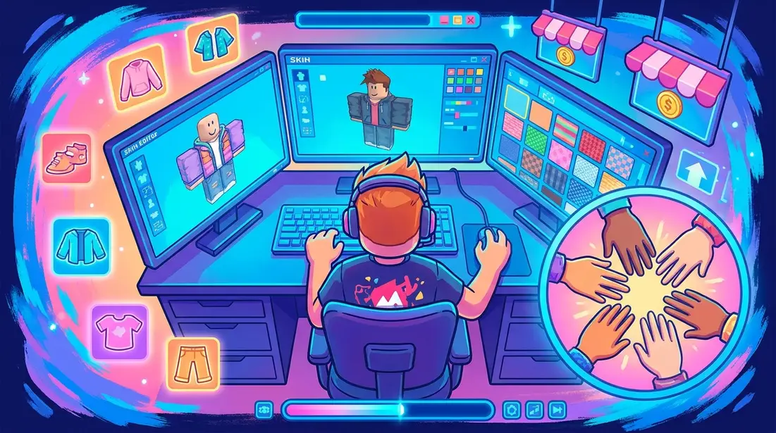 Roblox clothing design workspace with avatar outfit previews
