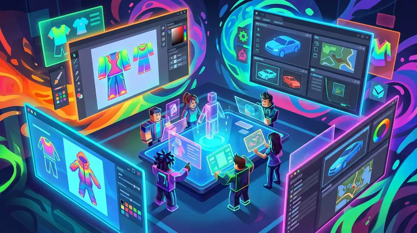 Roblox creator workspace with colorful clothing templates, layered design tools, and cross-game asset editing screens, digital artwork with modern painting techniques and vibrant colors
