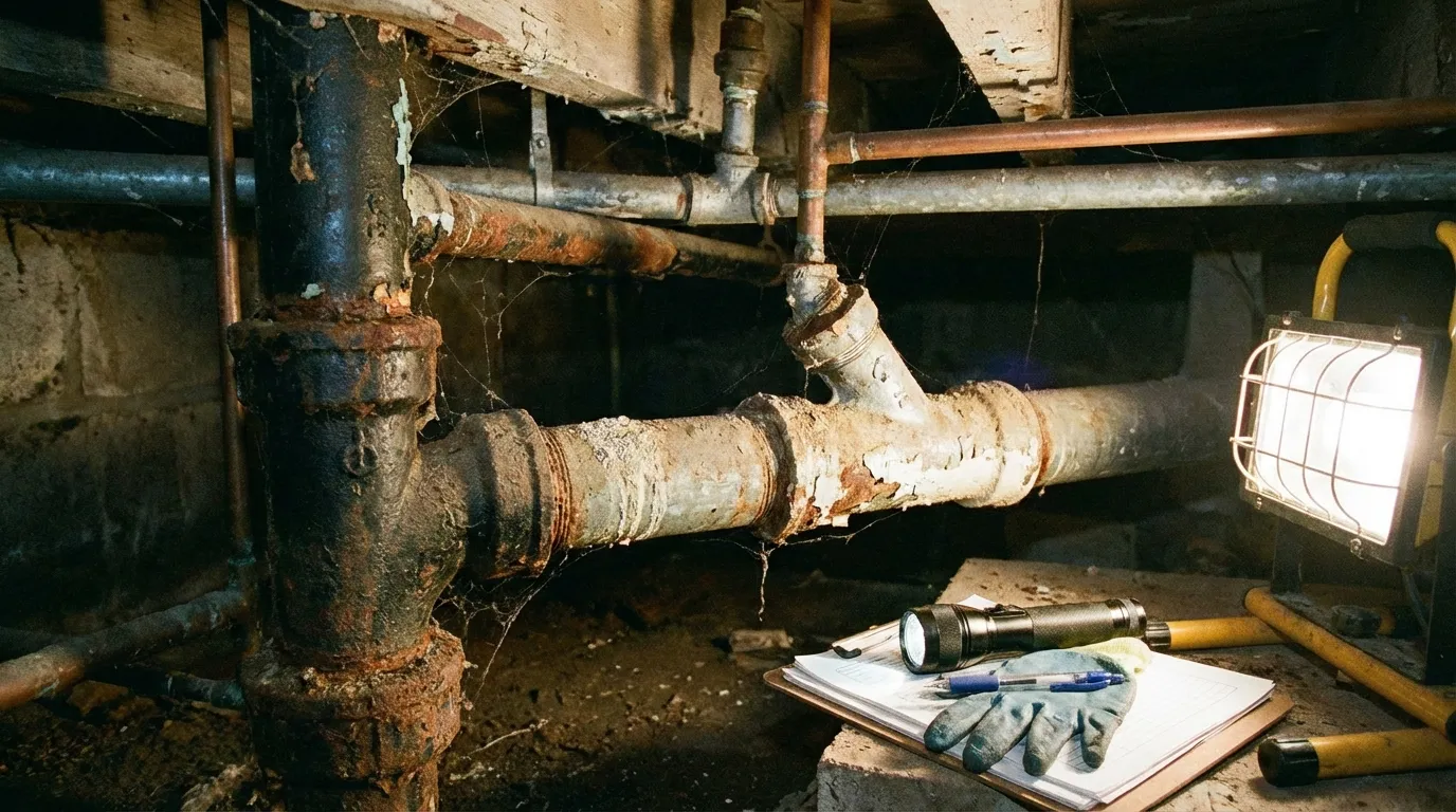 Aging home plumbing pipes under house