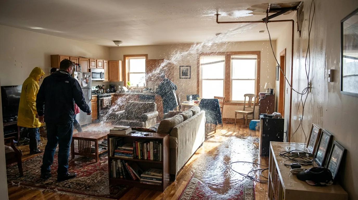 Burst pipe water damage in home