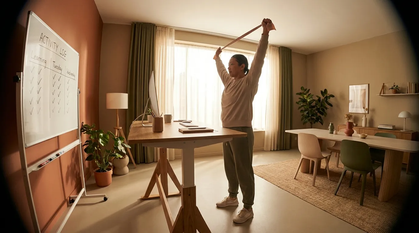 Desk worker doing a brief mobility break between meetings