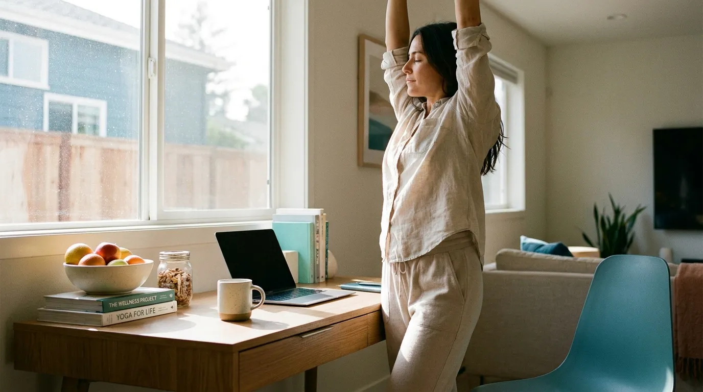Desk worker doing a quick movement break beside a laptop