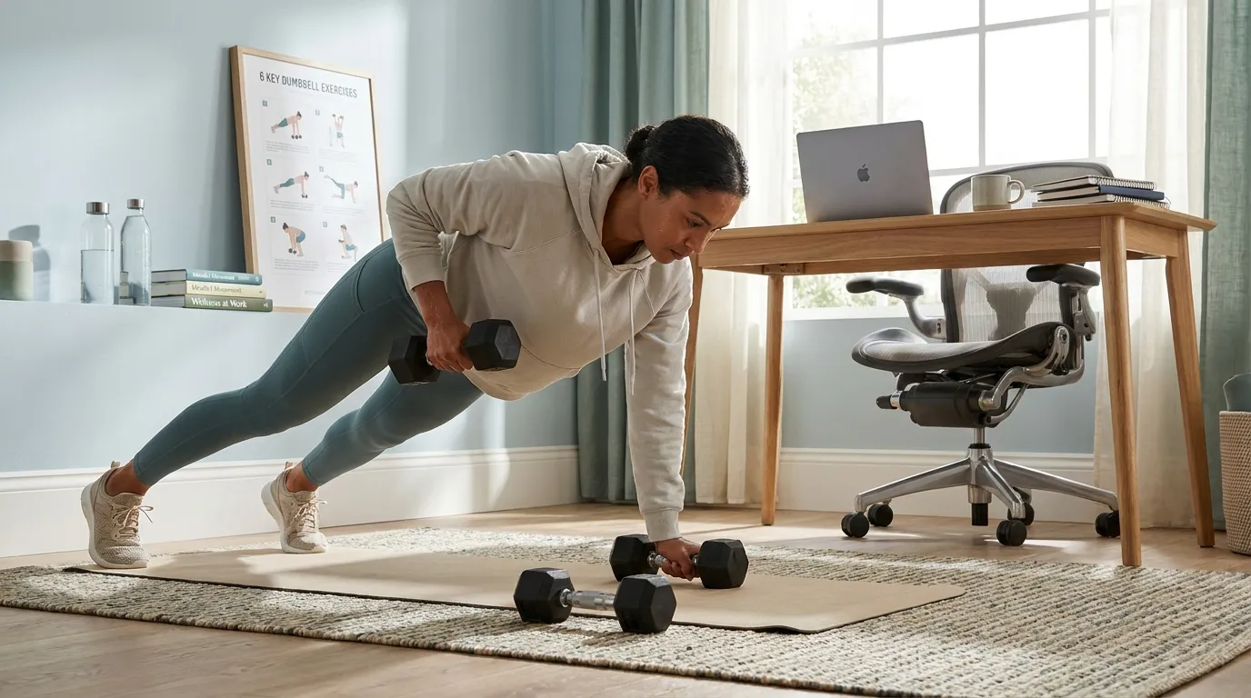 Desk worker doing a renegade row beside a laptop