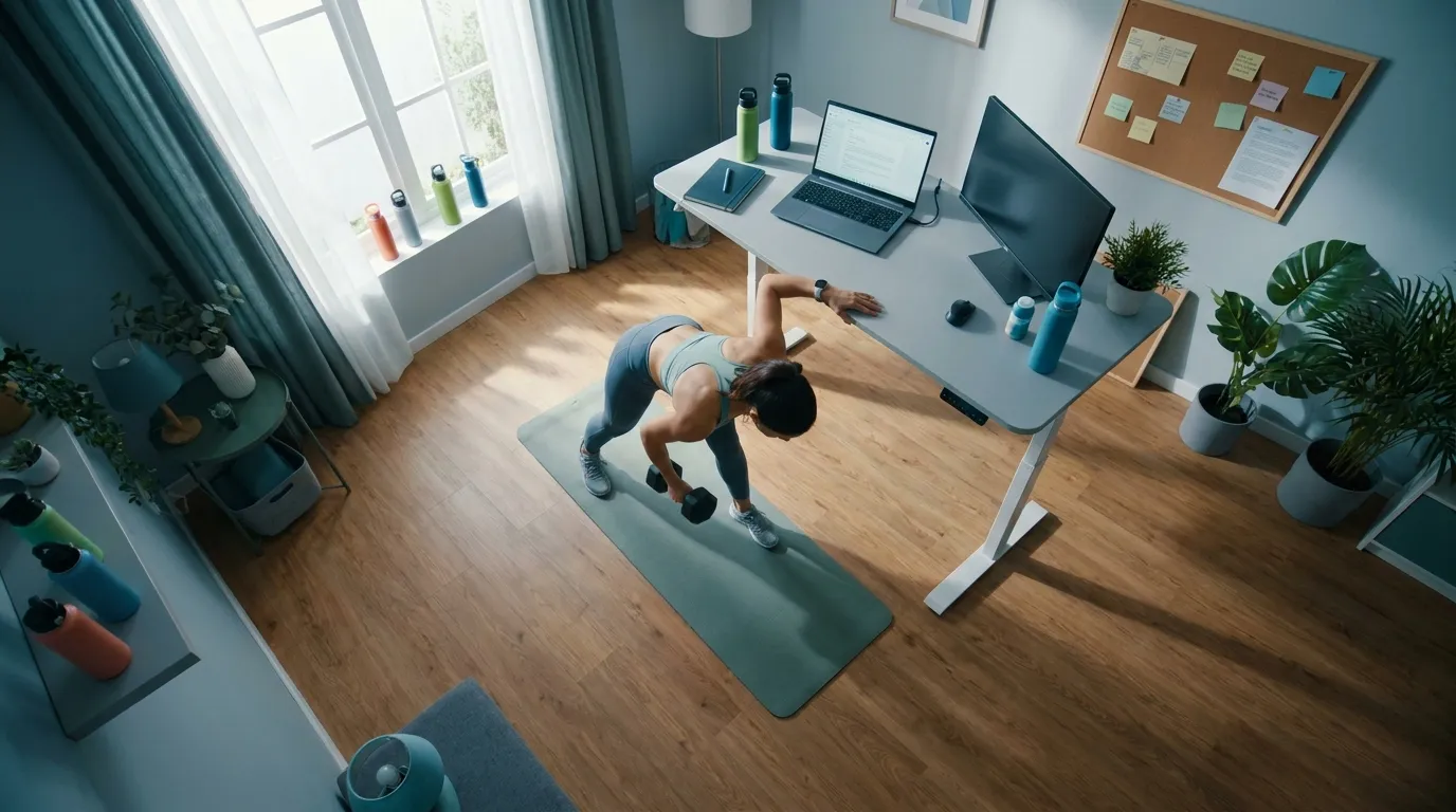Desk worker doing a simple home strength workout beside a laptop