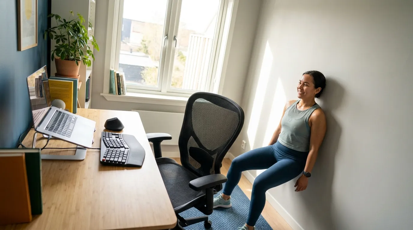 Desk worker doing a wall sit during a short movement break