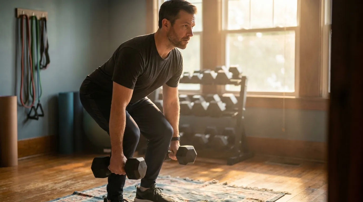 Desk worker performing dumbbell Romanian deadlift in living room