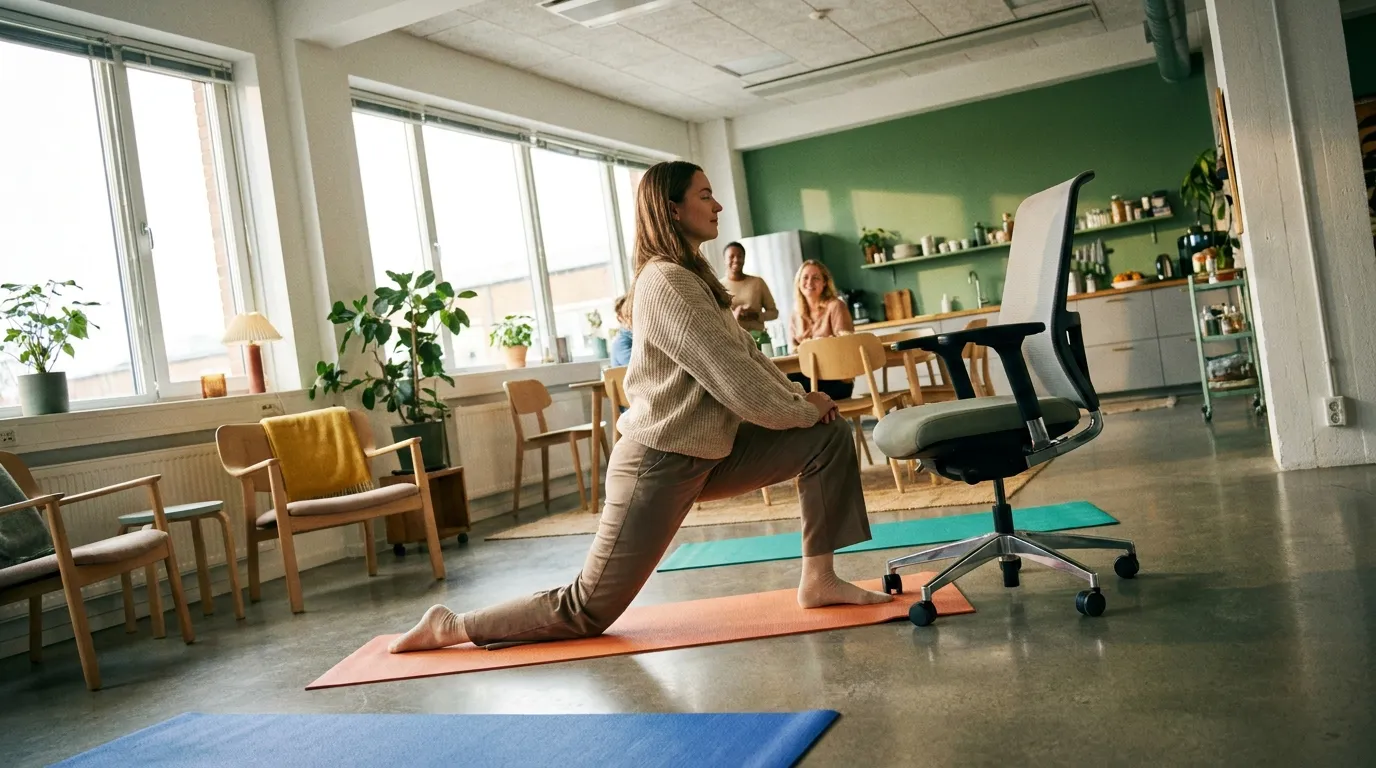 Desk worker stretching hip flexors beside a chair before leg day