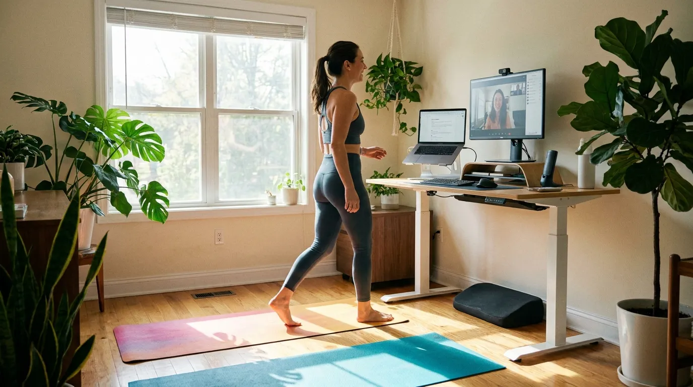 Home office setup with worker alternating between standing and walking break
