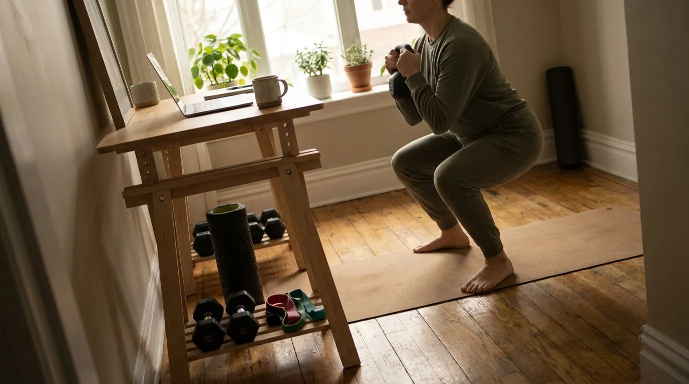 Home office worker doing a goblet squat beside a desk