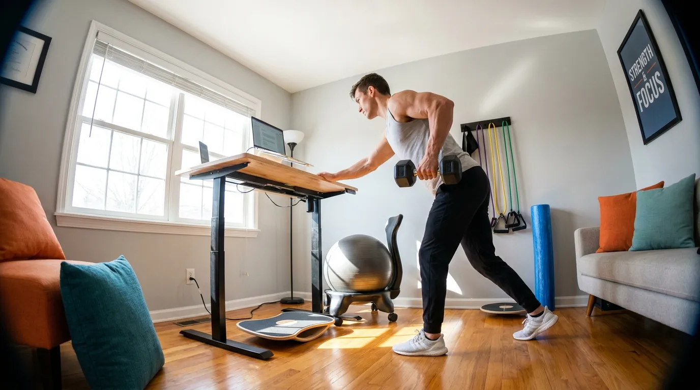 Home office worker doing dumbbell rows beside a standing desk