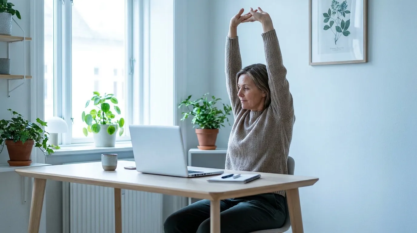 Home office worker standing and stretching beside a desk