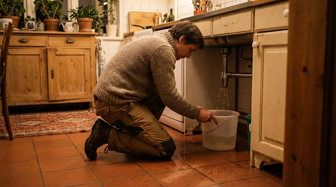 Homeowner containing water leak with buckets and towels