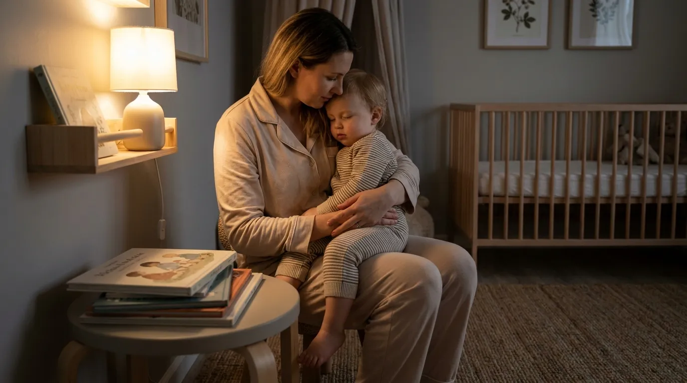 Mother comforting toddler in a dim nursery at bedtime