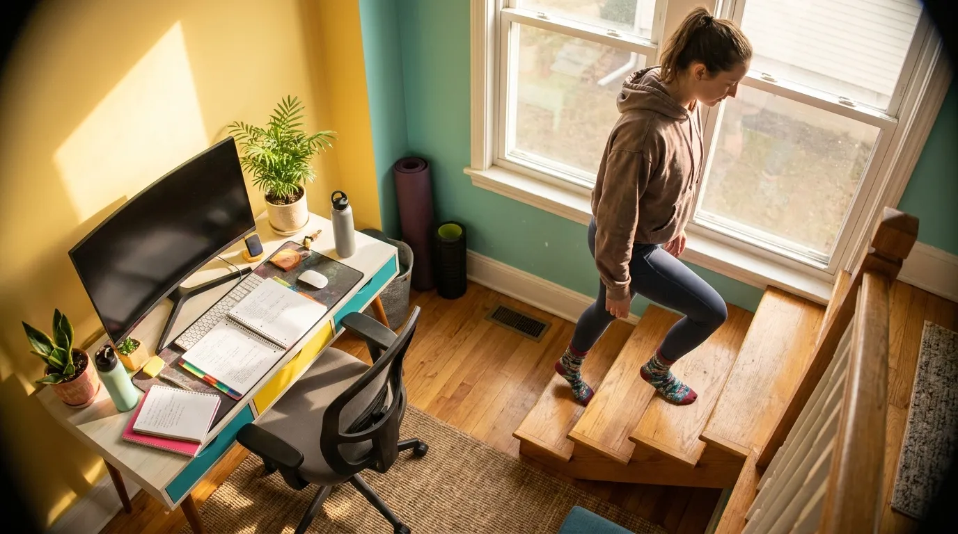 Remote worker stepping onto home stairs for a quick exercise snack