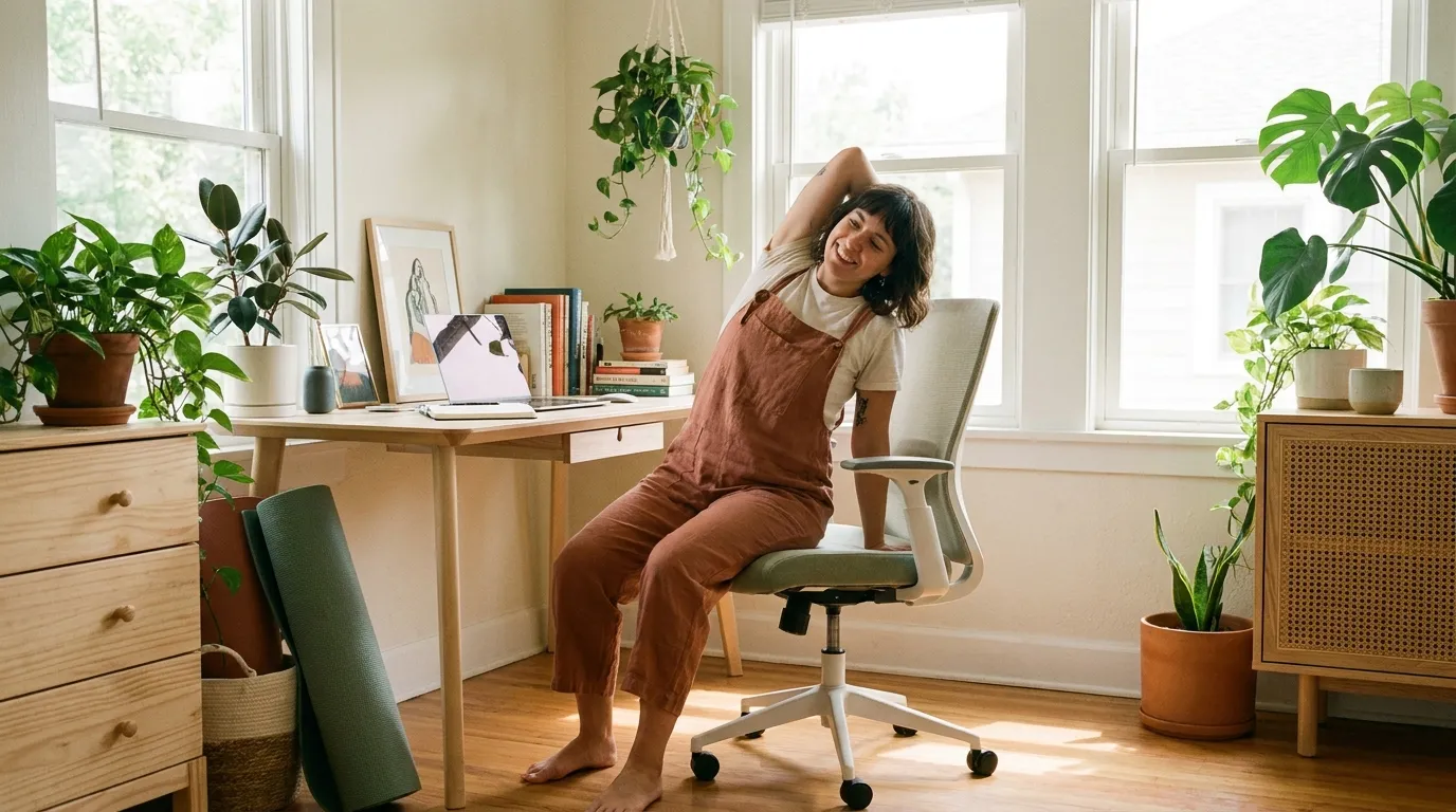 Remote worker stretching hips and shoulders during a home office break