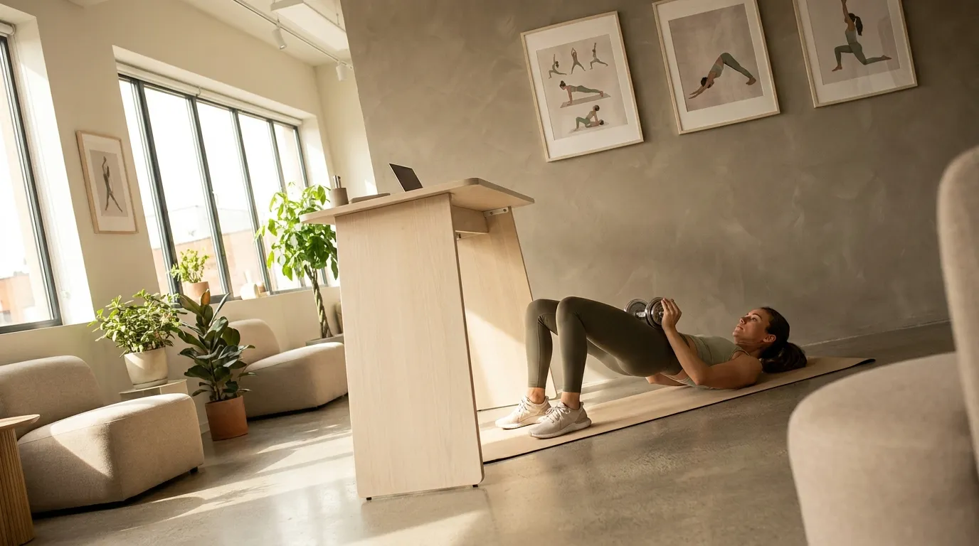 Woman doing dumbbell hip thrust at home office workout space
