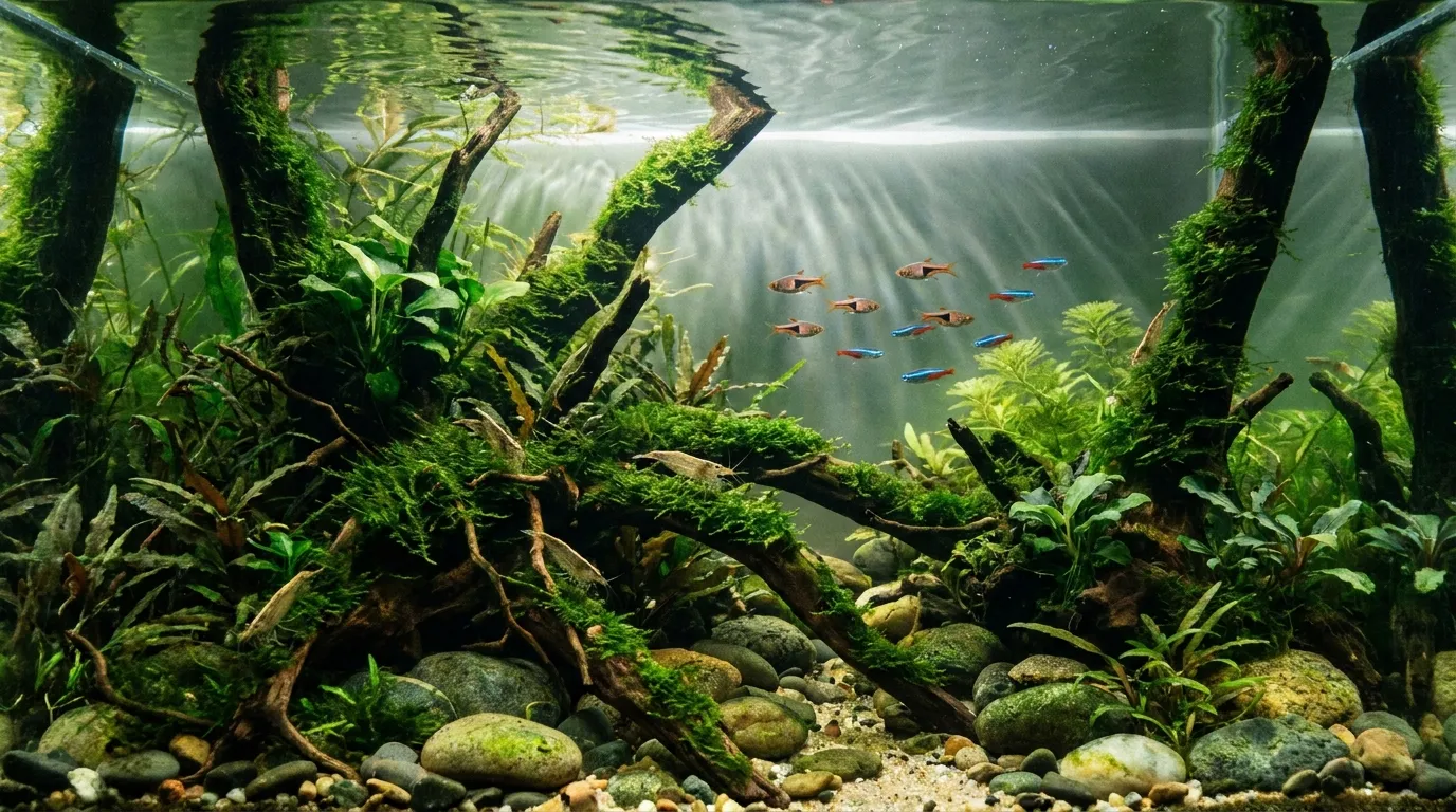 Amanogarnelen in einem dicht bepflanzten Gesellschaftsaquarium mit kleinen friedlichen Fischen, natürlichen Grüntönen, Wurzeln, Steinen und weichem Licht