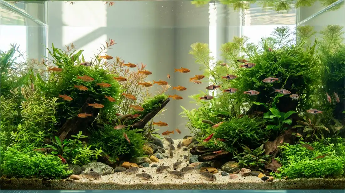Friedliche Zierfische in einem dicht bepflanzten Aquarium