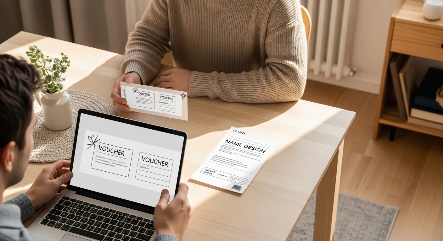 Barrierearme digitale Gutscheinvorlage auf Laptop und Ausdruck