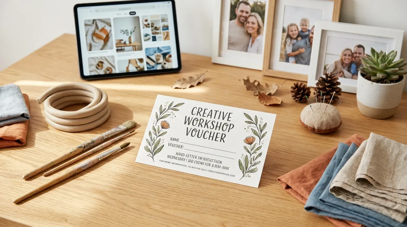 Digital gestalteter Gutschein für kreative Workshops auf einem hellen Holztisch