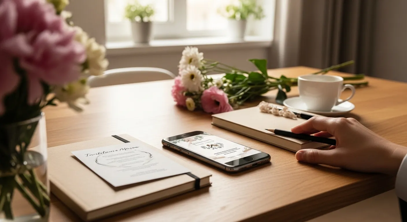 Digitale Einladung auf einem Smartphone neben Notizbuch und Blumen