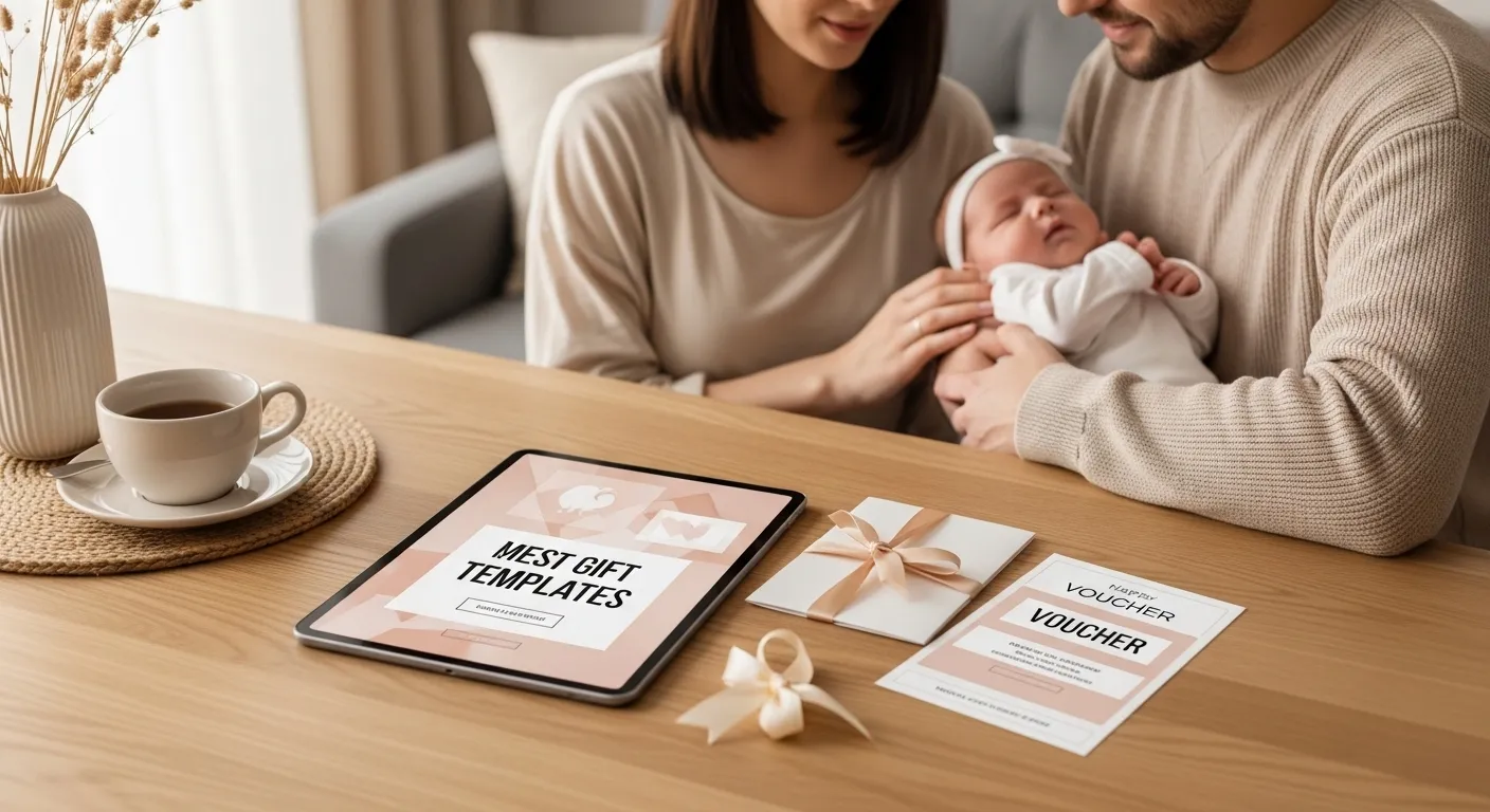 Digitale Geschenkidee für junge Eltern am Wohnzimmertisch