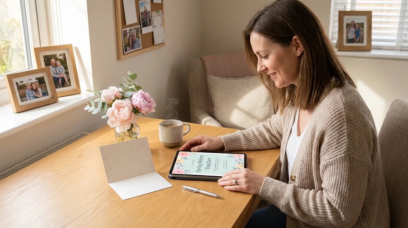 Digitale Gutscheinidee für Frauen auf Tablet und ausgedruckter Karte