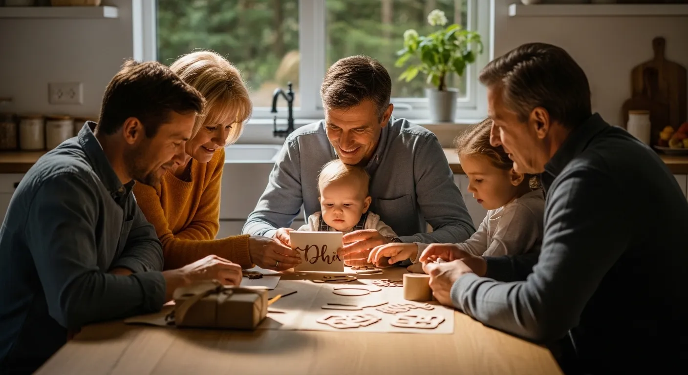 Familie am Küchentisch mit persönlichem Geschenk