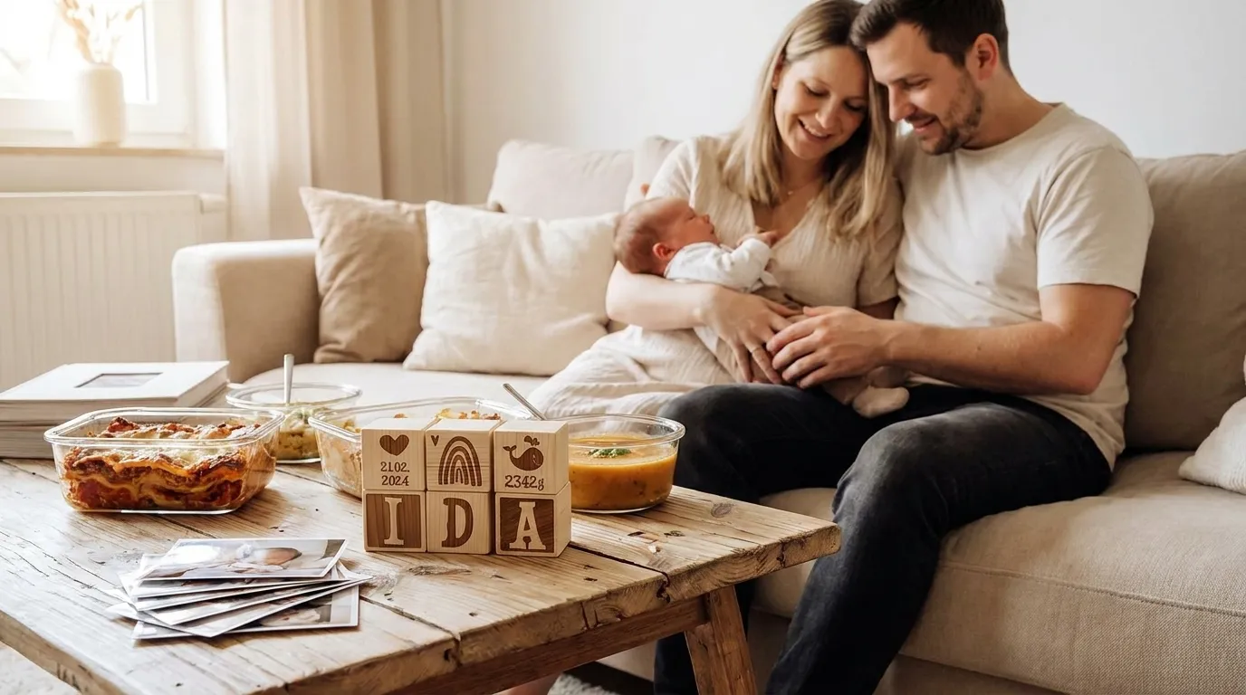 Frisch gebackene Eltern mit Baby auf dem Sofa und vorbereiteten Mahlzeiten auf dem Tisch