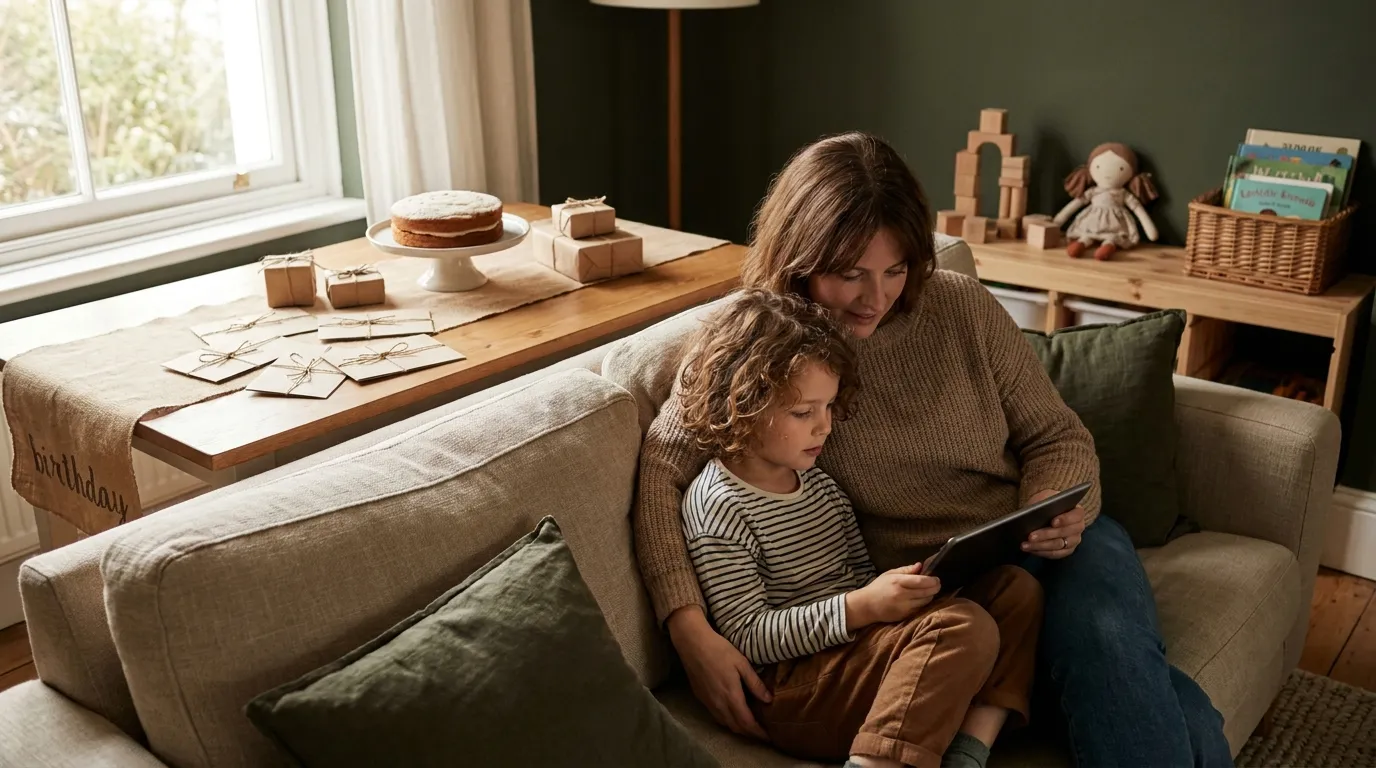 Kind mit Tablet und personalisierter Hörgeschichte auf dem Sofa