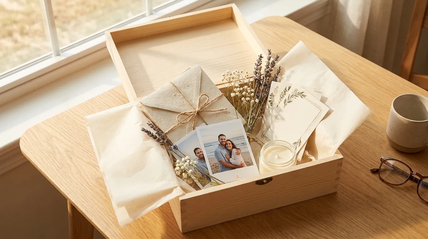 Liebevoll arrangierte Geschenkbox für ein Paar mit kleinen Umschlägen, Trockenblumen, Kerze, Fotos und handgemachten Gutscheinen auf hellem Holztisch, warmes natürliches Licht, weiche Schatten, realistische Texturen, no text