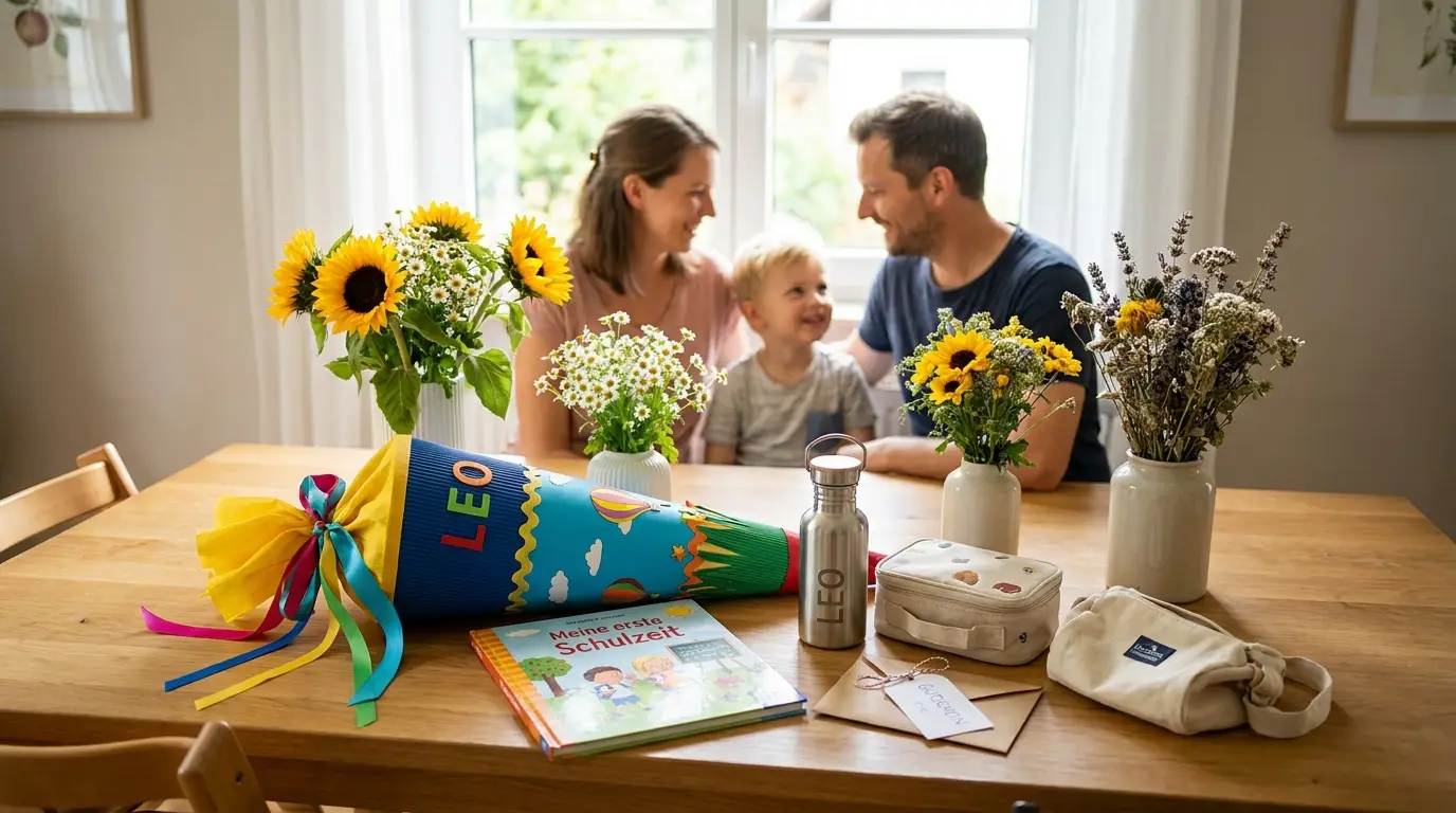 Liebevoll gedeckte Einschulungstafel mit Schultüte, personalisierten kleinen Geschenken, Brotdose, Kinderbuch und natürlichem Tageslicht in einem hellen deutschen Zuhause, warme Farben, echte Texturen, no text