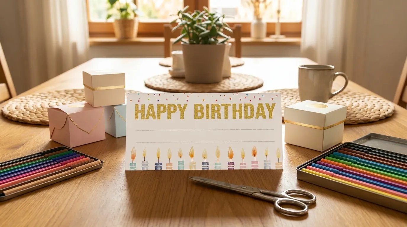 Liebevoll gestalteter Gutschein auf hochwertigem Papier mit Umschlag, Blumen, Schere und Stiften auf hellem Holztisch, warme natürliche Beleuchtung, realistische Texturen, moderner ruhiger Stil ohne Text