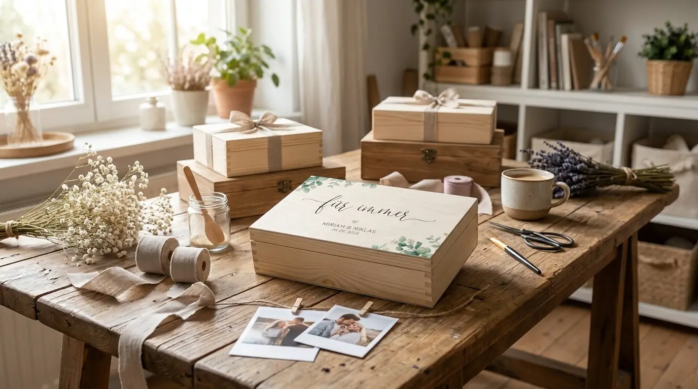 Liebevoll verpackte Erinnerungsstücke auf einem Holztisch