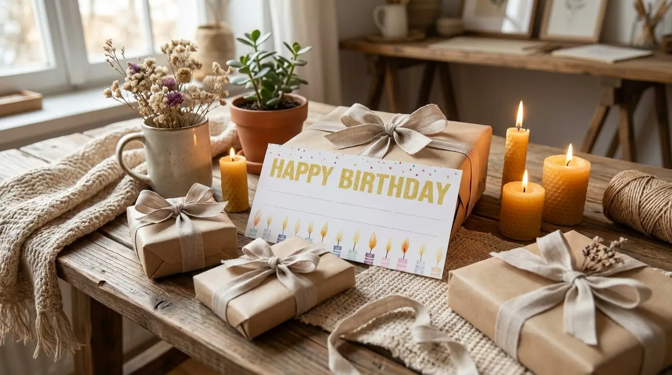 Liebevoll verpackte Muttertagsgeschenke auf einem Holztisch, mit Blumen, handgeschriebenen Karten und personalisierten Details, warmes natürliches Licht, fotorealistische Fotografie mit realistischen Texturen, kein Text im Bild
