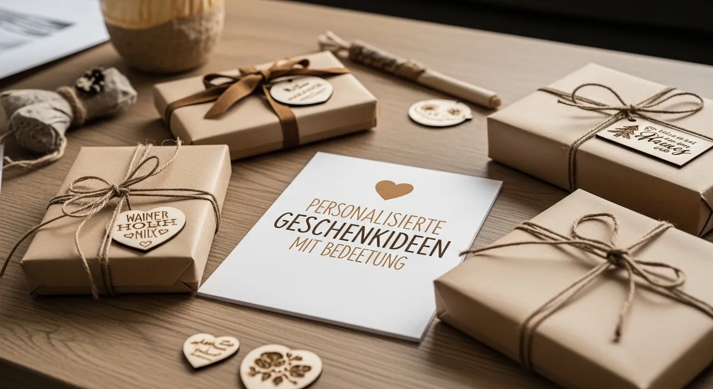 Liebevoll verpackte personalisierte Geschenke auf einem Holztisch, natürliche Materialien, warme Farben, Schleifen, Holzgravuren, fotorealistische Beleuchtung, realistische Texturen, kein Text
