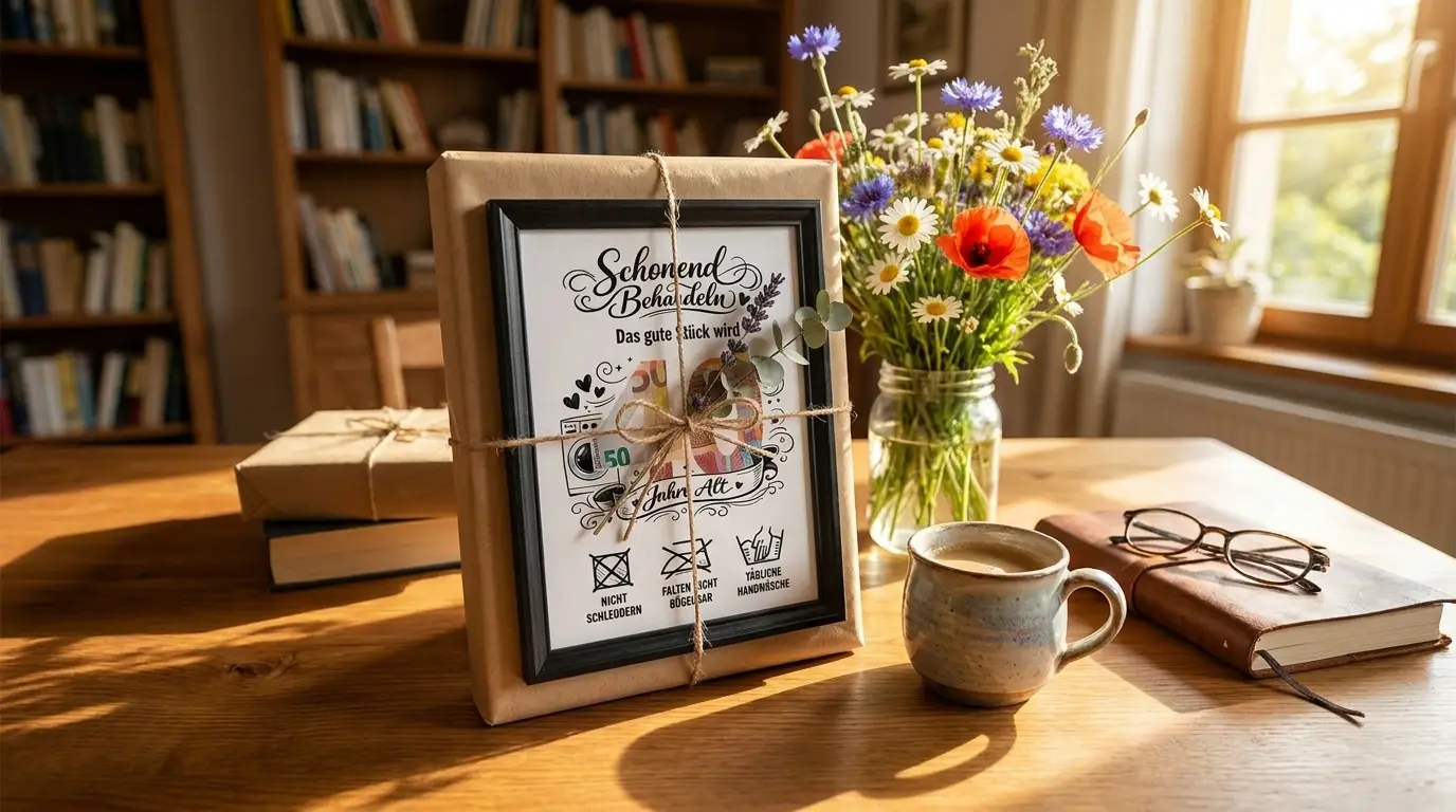Liebevoll verpacktes personalisiertes Geschenk für einen Vater auf einem Holztisch, warme natürliche Farben, handgemachte Details, fotorealistische Fotografie mit natürlichem Licht und realistischen Texturen