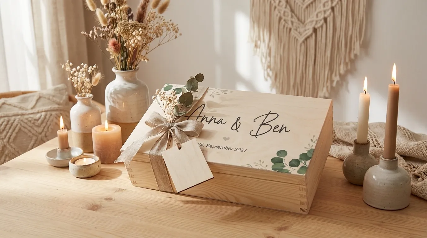 Liebvoll verpacktes Hochzeitsgeschenk auf einem Holztisch