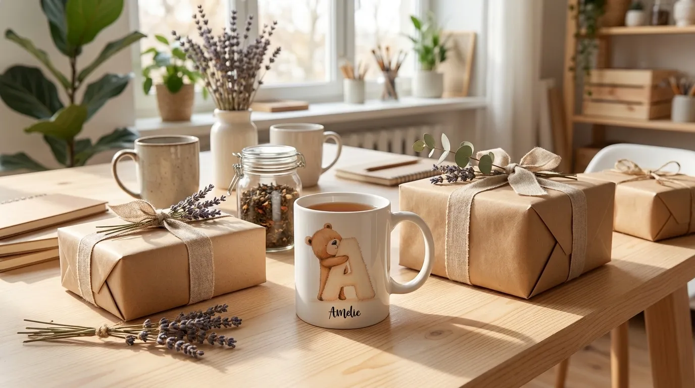 Nachhaltig verpackte Geschenke auf einem Holztisch