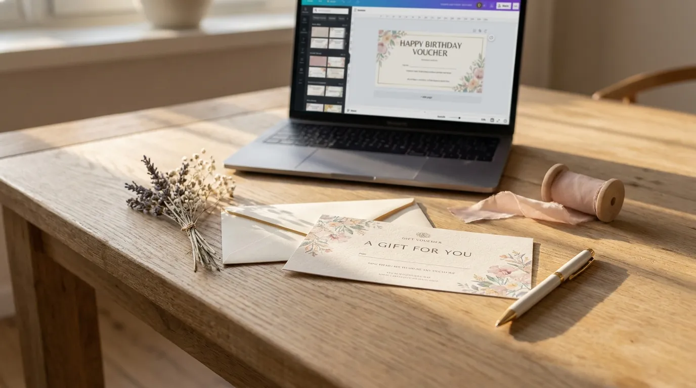 Persönlich gestalteter Gutschein auf einem Holztisch mit Umschlag, Trockenblumen und Geschenkband