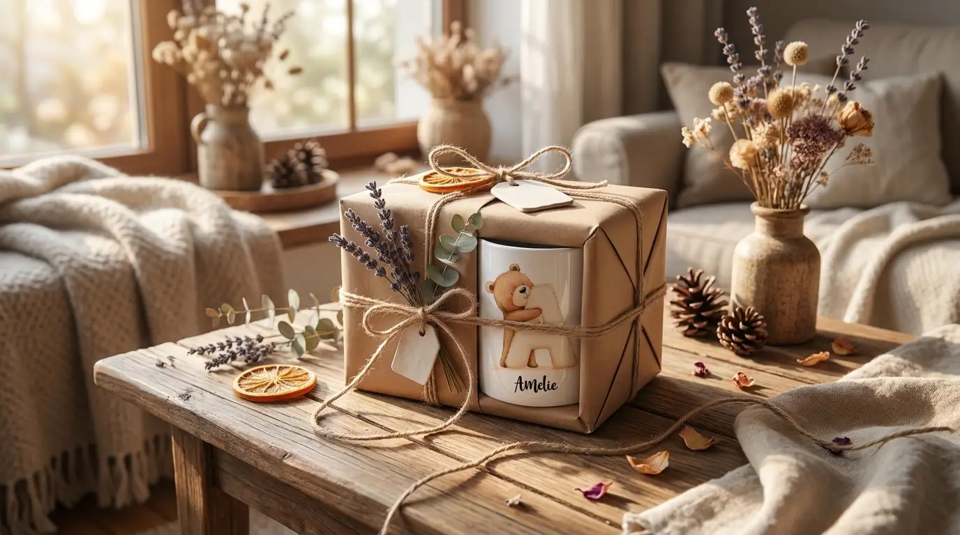 Persönlich verpacktes Geschenk mit Trockenblumen und handgemachten Details