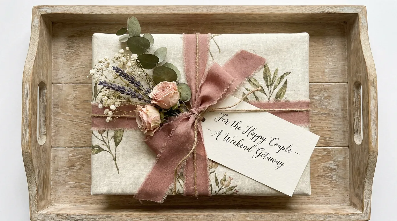 Persönlich verpacktes Hochzeitsgeschenk mit Gutschein, Trockenblumen und natürlicher Tischdekoration