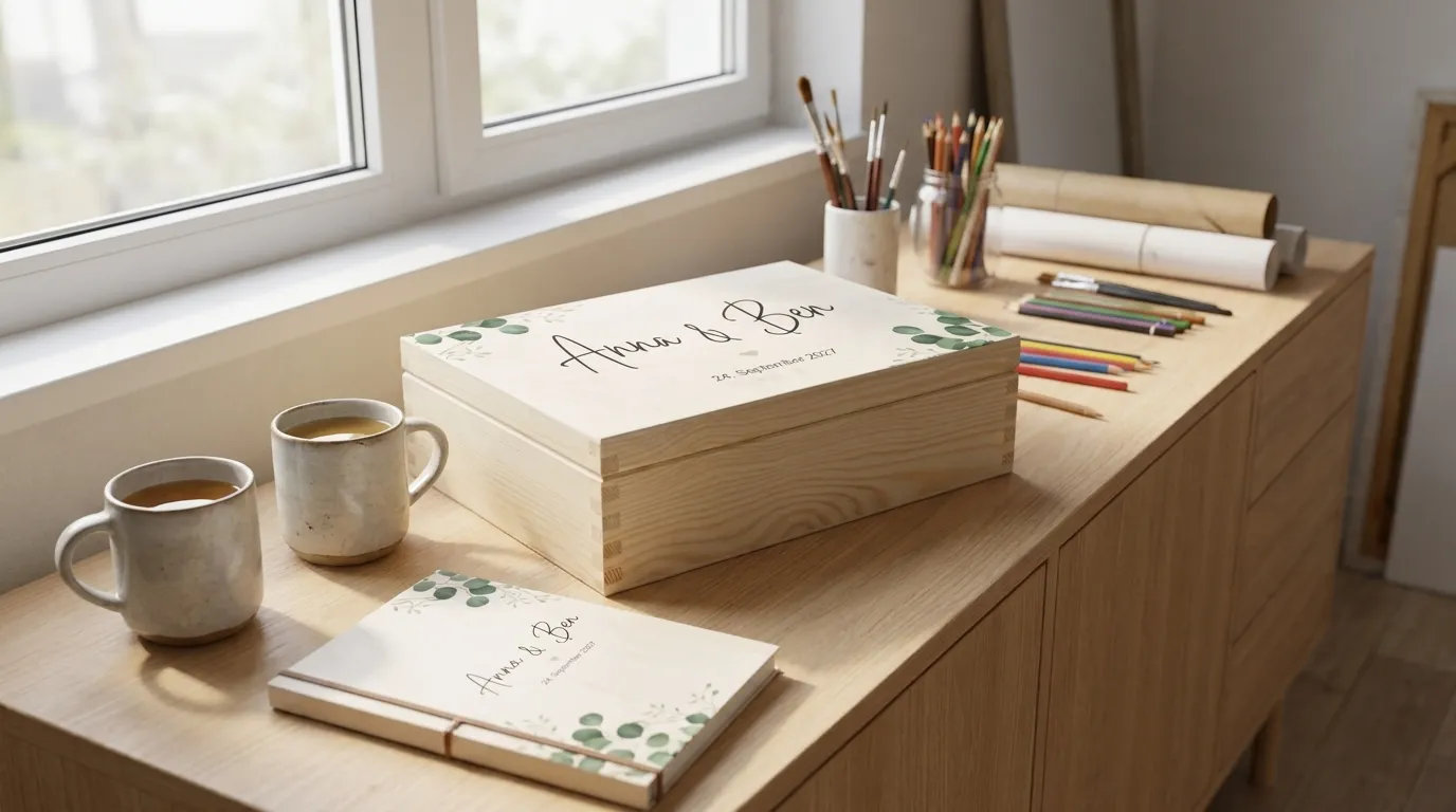 Persönliches Geschenk zur Hochzeit und zum Ruhestand auf einem Sideboard