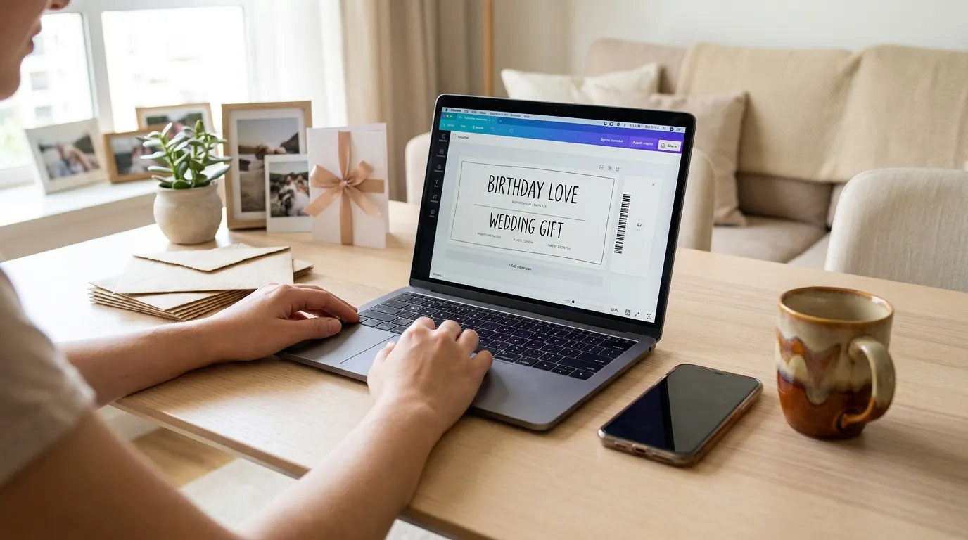 Person gestaltet einen digitalen Gutschein auf einem Laptop mit Smartphone und liebevollen Farbdetails