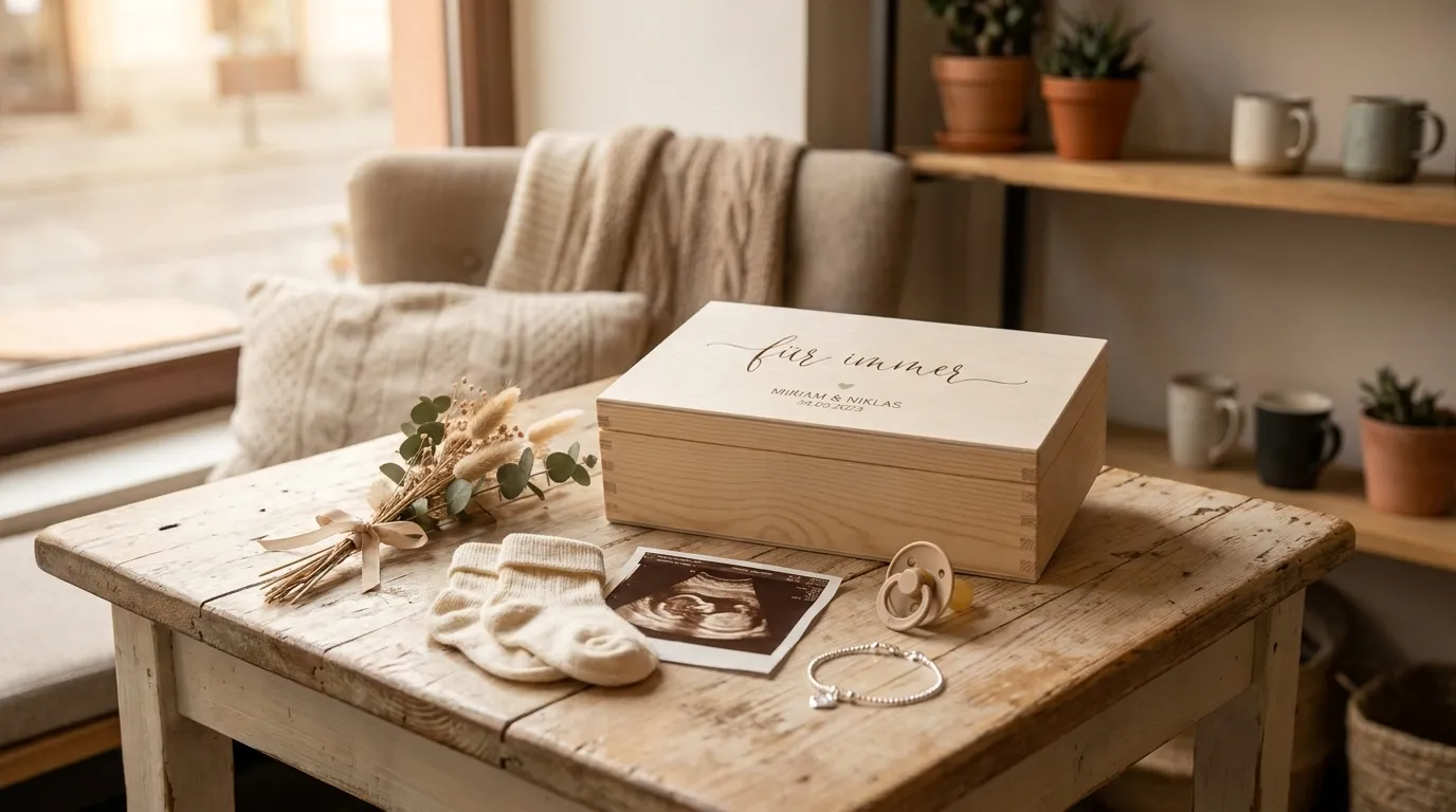 Personalisierte Erinnerungsbox für ein Baby mit kleinen Andenken auf einem Holztisch