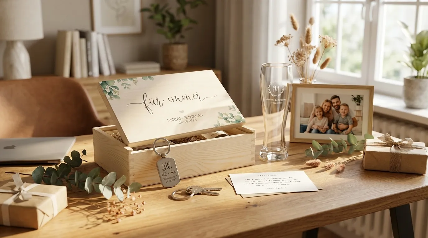 Personalisierte Geschenkbox für einen Mann auf Holztisch